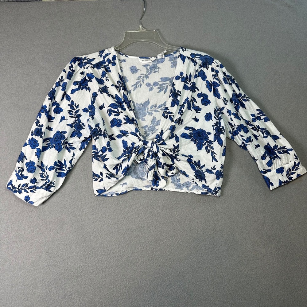 Midnight Sky Coquette Boho Floral Linen Blend Tie Front Puff Sleeve Crop Top M